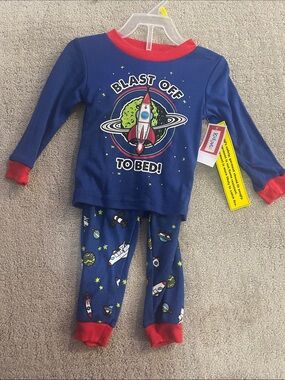 Kidgets baby NWT 18m Blue 'Blast Off to Bed!' Rocket Pajama Set Red Trim space
